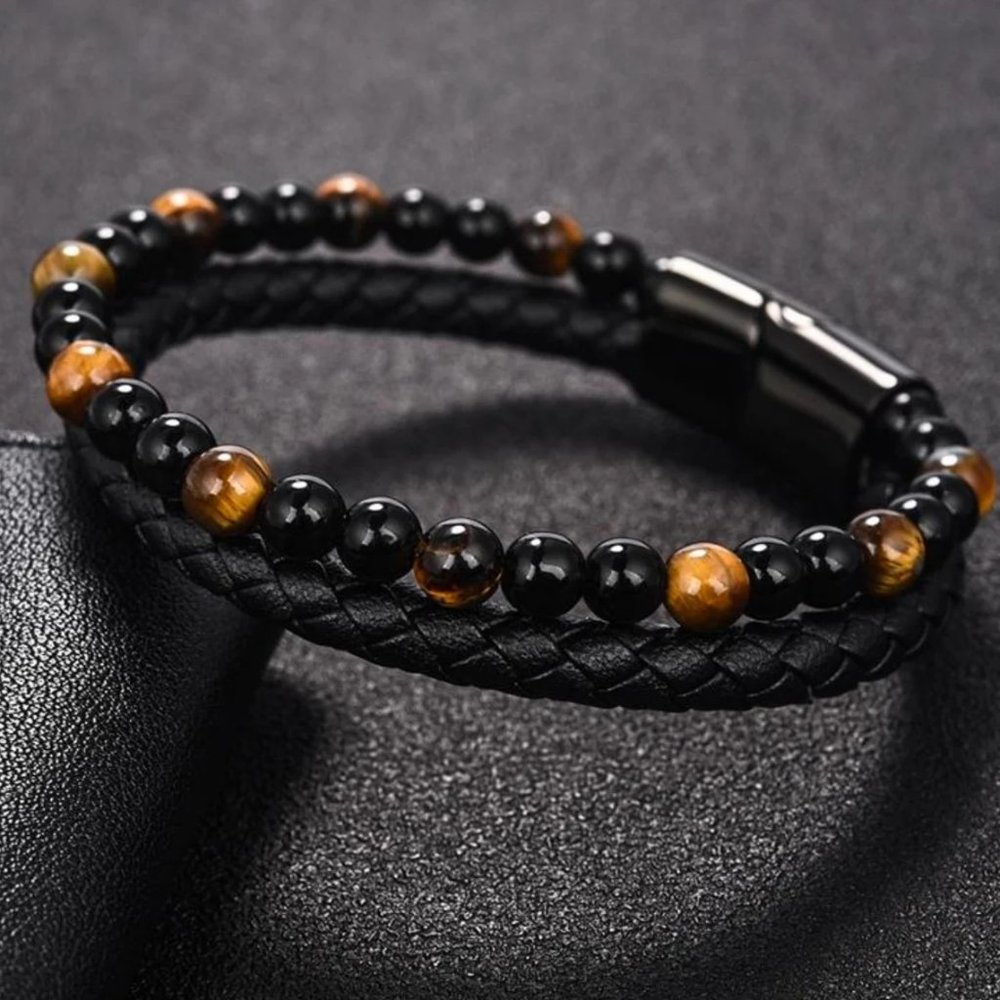 Men Leather Braided Bracelet Natural Obsidian Tiger's Eye Stone Bracelet Bangle